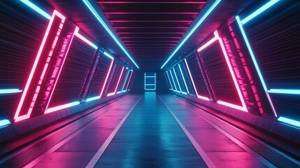 Perspective view of a neon lit tunnel with pink and blue lights on a brick wall background