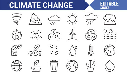 Set of editable icons for natural disasters, weather, and climate change