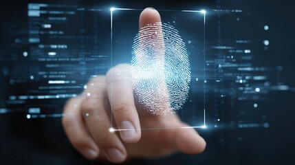 Man pressing virtual biometric scan with digital fingerprint icon. Cybersecurity and data protection concept for advanced secure access.