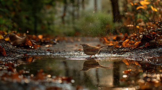 Small bird splashing joyfully in a forest puddle during autumn, surrounded by colorful fallen leaves, capturing lively natural movement.