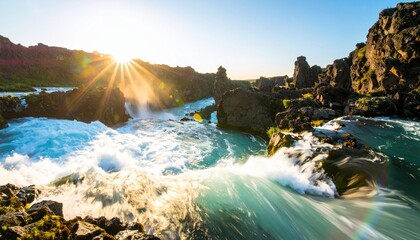 Stunning waterfall cascading through the rugged terrain bathed in golden sunlight creating a