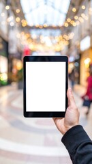 Person Holding a Tablet with White Screen in a Modern Shopping Center with Bokeh Lights