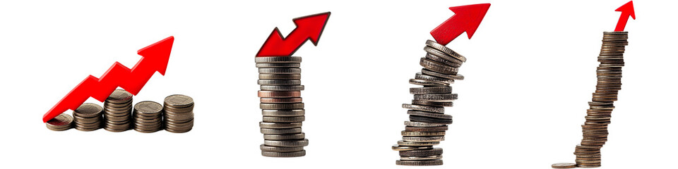 Set of a red downward arrow overlays a series of stacked coins that decrease in size isolated on transparent background