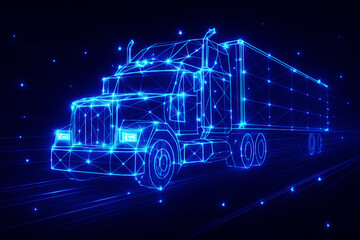 Futuristic neon wireframe American truck, polygonal low poly style glowing in blue light, digital transport and logistics technology concept.
