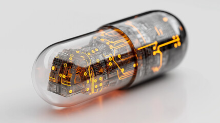 Transparent capsule with glowing blue circuitry displayed on a sleek gray background, symbolizing futuristic technology, innovation, and digital advancement.