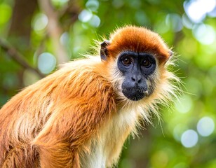 Obraz premium Close-up of a reddish-brown monkey with expressive eyes, set against a softly blurred background of lush green foliage.