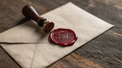 Vintage letter with a red wax seal resting on a wooden surface, evoking classic elegance, history, and timeless correspondence.