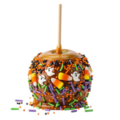Caramel apple decorated with halloween sprinkles and candy : elements for halloween on transparent background