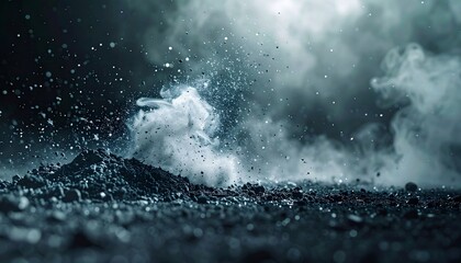 Dramatic Shot of Dark Dust Explosion with Cloud of Particles and Smoky Haze Ground Impact