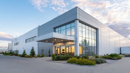Fototapeta premium Large modern industrial building with glass and gray panels. Beautiful architecture business center. New logistic warehouse factory.