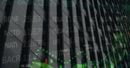 Animation of financial data processing over cityscape - Powered by Adobe