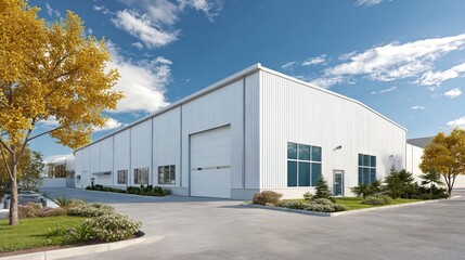 Obraz premium Modern industrial warehouse building with large loading bay doors. Distribution center for logistics and storage. Commercial real estate.