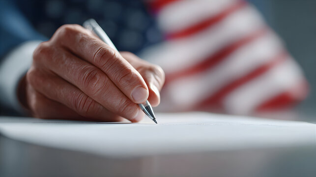 Man's hand writing on a document with a pen, with an American flag in the background. Official agreement, law signing, or voting concept.