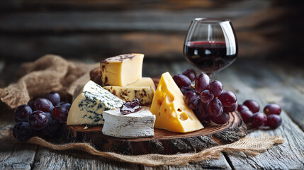Assorted cheeses with grapes and a glass of red wine on a rustic wooden board