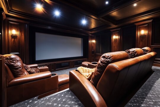 Immersive home theater experience with sophisticated surround sound system and luxurious leather seating in a refined entertainment space