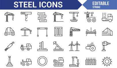 Collection of steel and heavy machinery icons for industrial use