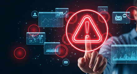 Man touching a red warning sign surrounded by data graphs and communication icons on a dark background