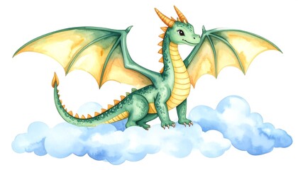 Obraz premium Cute watercolor dragon on a cloud