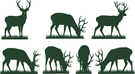 Six deer silhouettes with antlers in various standing and grazing poses on grass, isolated on white background for wildlife, nature, and design themes