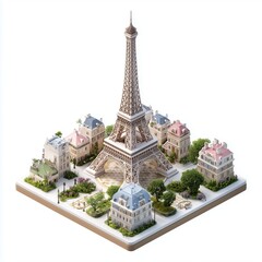 Isometric 3D model of the Eiffel Tower and surrounding Parisian buildings.