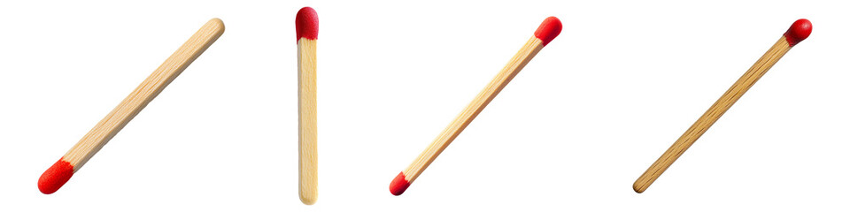 Set of a single unused matchstick with a bright red tip and a smooth, light wooden body, perfectly...