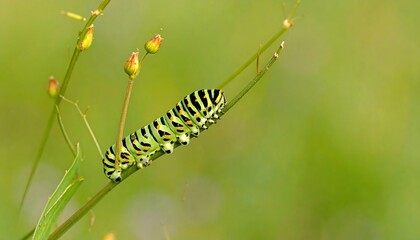 Close-up of a vibrant swallowtail caterpillar feeding on a green plant stem amidst budding flowers