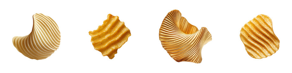 Set of a single ridged potato chip, slightly curled, with a golden, crispy texture. The chip's wavy surface reflects light against the isolated on transparent background