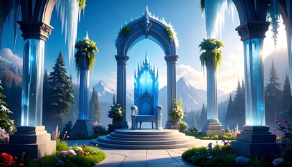 An icy throne room, bathed in sunlight, boasts a majestic, crystalline throne, surrounded by a lush garden, and framed by towering columns.