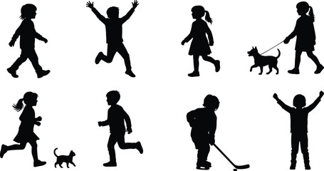 Silhouette vector illustration of children playing, walking, running, jumping, with pets and sports activities, outdoor kids lifestyle and fun