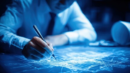 Professional hands designing technical blueprint with digital tools in blue lighting