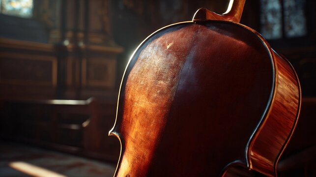 Fascinating wooden cello bathed in soft light inside an ornate chapel, highlighting craftsmanship and rich textures during a quiet afternoon