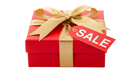 Black Friday gift box with golden ribbon isolated on transparent background