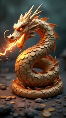 A close up of a golden dragon with a lightning bolt coming out of its mouth.