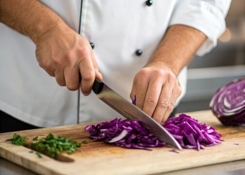 Chef skillfully slicing vibrant purple cabbage with a sharp knife in a bright kitchen setting close-up photography of culinary art - Powered by Adobe