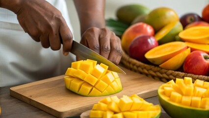 Closeup of hands skillfully cutting tropical mangoes into cubes in a kitchen setting highlighting the art of fruit preparation