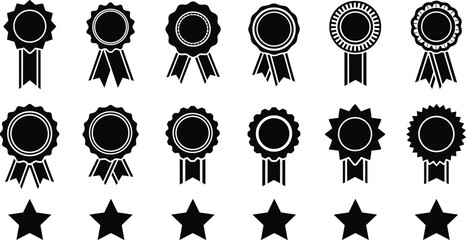 Black and white awards icon set featuring ribbons, medals, and stars, ideal for recognition, achievement, rating, celebration, and excellence themes