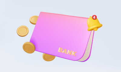 Alert bell warning exchange withdraw statement bankbook transaction personal account online payment invoice document management passbook design on isolated pastel background. 3D vector illustration