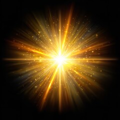 Golden light explosion with shining rays emanating against a black background creates an atmosphere.