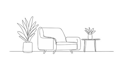 realistic continuous one line art on drawing of armchair with table  