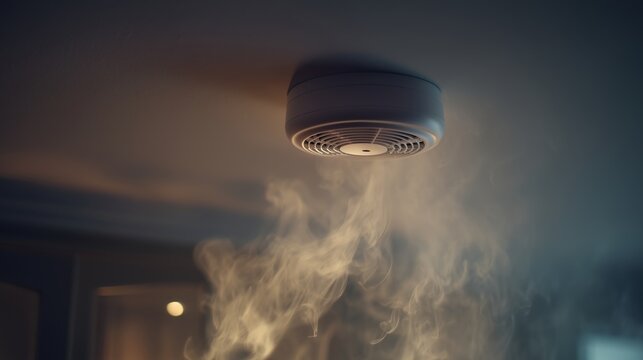 Smoke detector mounted on a ceiling with visible smoke nearby, concept of fire safety, early warning, and home or office protection.