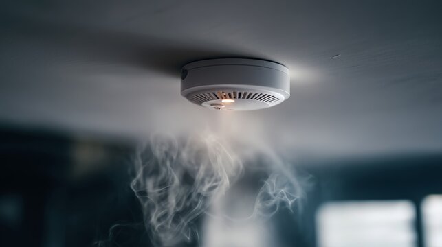 Smoke detector mounted on a ceiling with visible smoke nearby, concept of fire safety, early warning, and home or office protection.