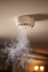 Smoke detector mounted on a ceiling with visible smoke nearby, concept of fire safety, early warning, and home or office protection.