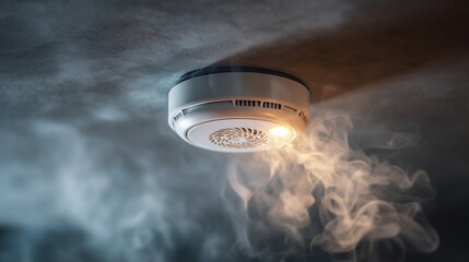Smoke detector mounted on a ceiling with visible smoke nearby, concept of fire safety, early warning, and home or office protection.