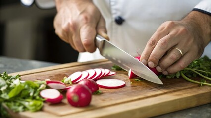 Obraz premium Skillful hands slicing fresh radishes with a sharp paring knife in a cozy kitchen setting close-up perspective for culinary enthusiasts
