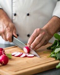 Obraz premium Hands slicing radishes with a sharp paring knife close-up in a bright kitchen setting for culinary enthusiasts