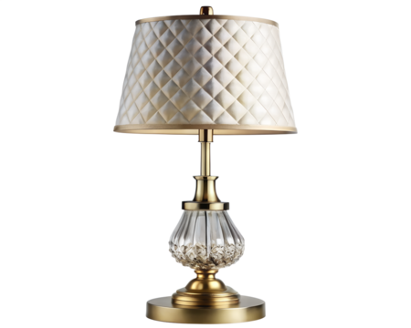Elegant brass table lamp with crystal base and quilted cream lampshade isolated on transparent background