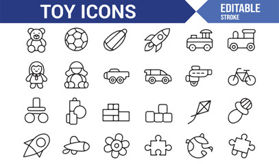 Collection of editable icons for children's toys like bears, cars, and puzzles