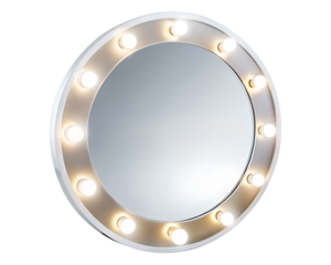 Circular vanity mirror with illuminated bulbs around the frame, isolated on transparent background