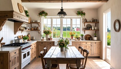Charming Rustic Kitchen with Farmhouse Table and Garden View.