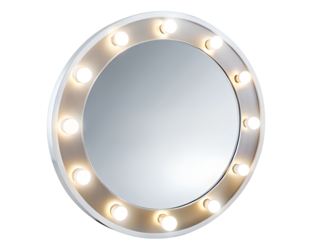 Circular vanity mirror with illuminated bulbs around the frame, isolated on transparent background